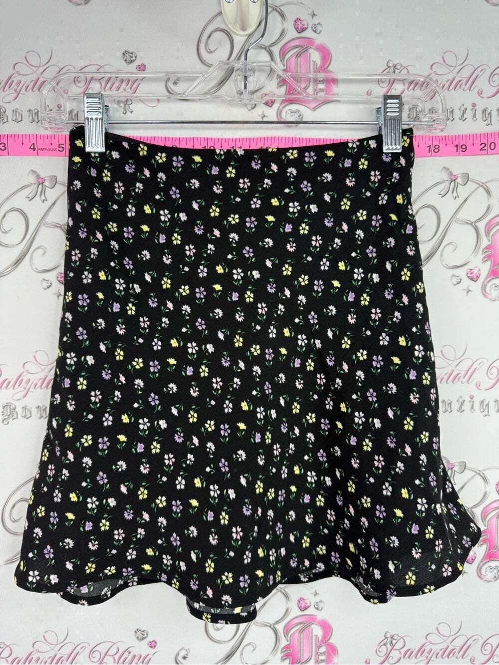 Divided skirt Black Mini Skirt with Yellow & Lavender Floral Print